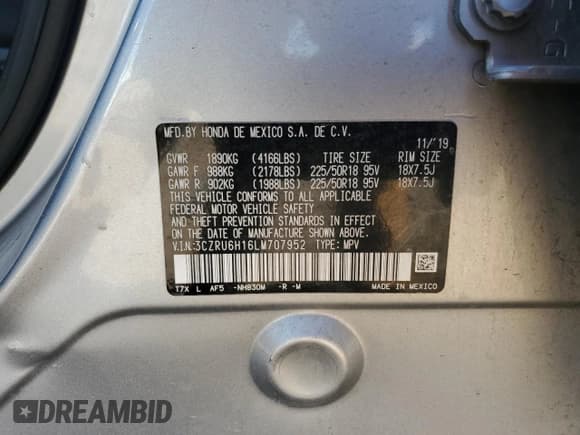 ✅ 2020 Honda HR-V Sport • VIN: 3CZRU6H16LM707952 • Lot: 86590375. Listed on Copart with 95,201 mi. Free auction sales archive from the USA and detailed vehicle history report at DreamBid. Image 13.