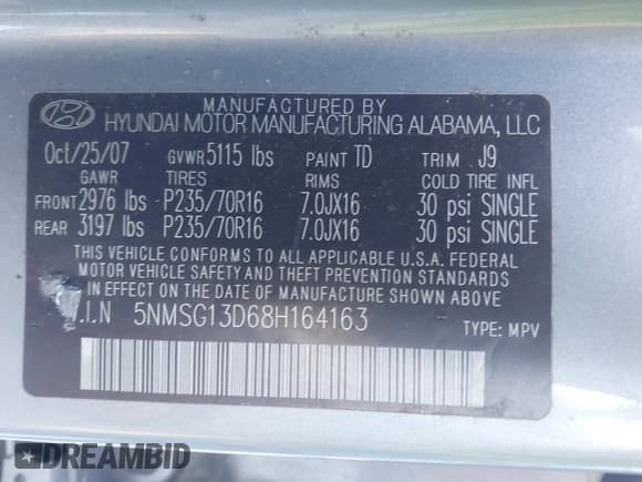 ✅ 2008 Hyundai Santa Fe GLS • VIN: 5NMSG13D68H164163 • Lot: 43527166. Wystawiony na IAAI z przebiegiem 164 135 mil. Bezpłatny archiwum sprzedaży aukcyjnych z USA i szczegółowy raport historii pojazdu na DreamBid. Zdjęcie 9.
