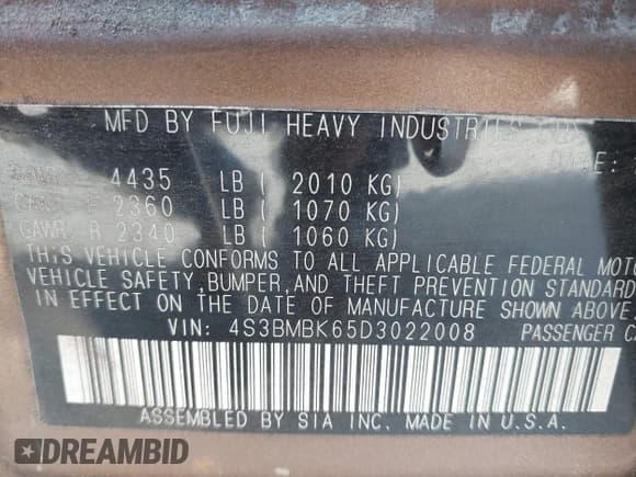 ✅ 2013 Subaru Legacy Limited • VIN: 4S3BMBK65D3022008 • Lot: 43731188. Listed on IAAI with 167,564 mi. Free auction sales archive from the USA and detailed vehicle history report at DreamBid. Image 9.