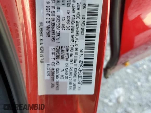 ✅ 2017 Mazda CX-9 Grand Touring • VIN: JM3TCBDY8H0134905 • Lot: 81334845. Listed on Copart with 96,680 mi. Free auction sales archive from the USA and detailed vehicle history report at DreamBid. Image 13.