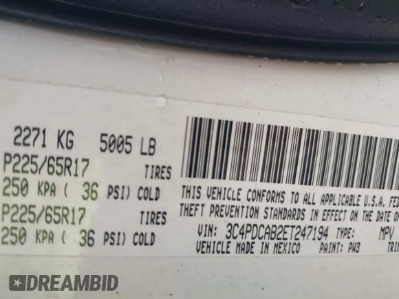 ✅ 2014 Dodge Journey American Value • VIN: 3C4PDCAB2ET247194 • Lot: 42968008. Listed on IAAI with 142,469 mi. Free auction sales archive from the USA and detailed vehicle history report at DreamBid. Image 9.