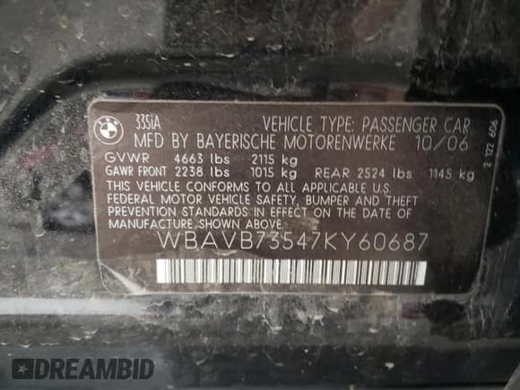 ✅ 2007 BMW 3 Series 335i • VIN: WBAVB73547KY60687 • Lot: 71696015. Listed on Copart with 175,445 mi. Free auction sales archive from the USA and detailed vehicle history report at DreamBid. Image 12.