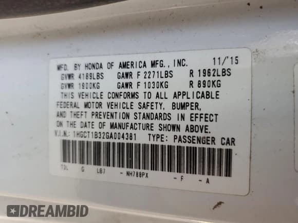 ✅ 2016 Honda Accord LX-S • VIN: 1HGCT1B32GA004381 • Lot: 51937285. Wystawiony na Copart z przebiegiem 94 394 mil. Bezpłatny archiwum sprzedaży aukcyjnych z USA i szczegółowy raport historii pojazdu na DreamBid. Zdjęcie 14.