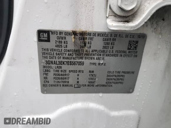 2014 Chevrolet Captiva Sport LT с VIN 3GNAL3EK7ES567059, выставлен на аукционе Copart как лот 84794854 с пробегом 133 518 миль миль и Списание • Salvage title. История ставок и продаж доступна на DreamBid. Изображение 13.