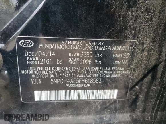 ✅ 2015 Hyundai Elantra SE • VIN: 5NPDH4AE5FH618583 • Lot: 86667715. Listed on Copart with 156,504 mi. Free auction sales archive from the USA and detailed vehicle history report at DreamBid. Image 13.