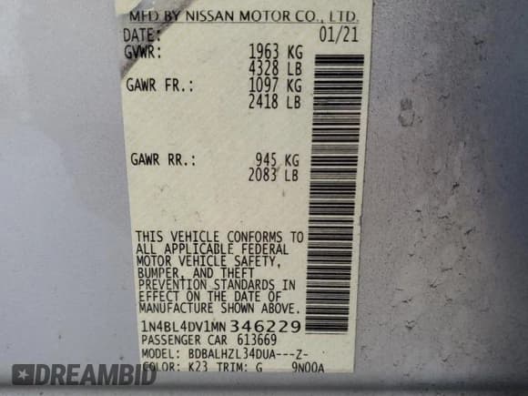 ✅ 2021 Nissan Altima SV • VIN: 1N4BL4DV1MN346229 • Lot: 90884035. Listed on Copart with 122,582 mi. Free auction sales archive from the USA and detailed vehicle history report at DreamBid. Image 12.