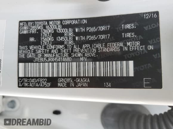 ✅ 2017 Toyota 4Runner SR5 • VIN: JTEBU5JRXH5414680 • Lot: 80647155. Listed on Copart with 103,532 mi. Free auction sales archive from the USA and detailed vehicle history report at DreamBid. Image 13.