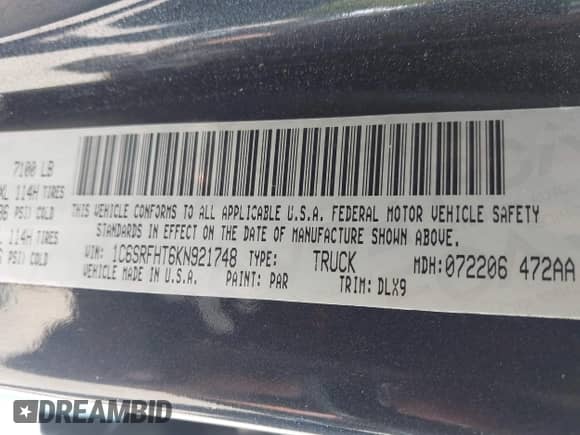 2019 Ram 1500 Limited z VIN 1C6SRFHT6KN921748, wystawiony jako IAAI lot #43169003 z przebiegiem 91 262 mil mil oraz . Historia ofert i sprzedaży dostępna na DreamBid. Obrazek 9.
