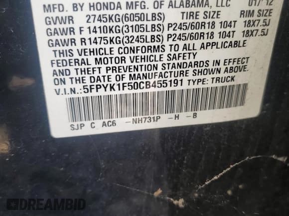 ✅ 2012 Honda Ridgeline RTL • VIN: 5FPYK1F50CB455191 • Лот: 90793865. Опубликован ранее на Copart с пробегом 255 214 миль. Бесплатный доступ к архиву аукционных продаж из США и подробный отчёт об истории автомобиля на DreamBid. Изображение 12.