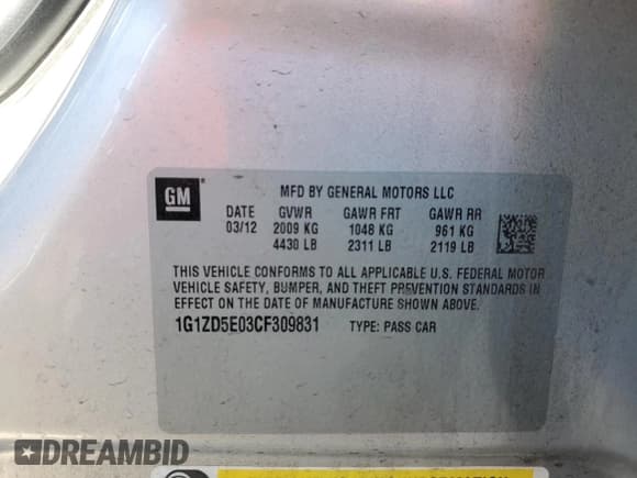 ✅ 2012 Chevrolet Malibu 2LT • VIN: 1G1ZD5E03CF309831 • Lot: 79870324. Listed on Copart with 114,520 mi. Free auction sales archive from the USA and detailed vehicle history report at DreamBid. Image 13.