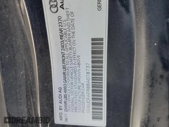 ✅ 2011 Audi A5 Premium • VIN: WAUCFAFR8BA078737 • Lot: 68007554. Listed on Copart with 180,439 mi. Free auction sales archive from the USA and detailed vehicle history report at DreamBid. Image 14.