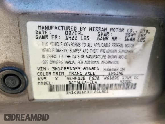 ✅ 2003 Nissan Sentra GXE • VIN: 3N1CB51D33L816801 • Lot: 80852235. Wystawiony na Copart z przebiegiem Nie podano. Bezpłatny archiwum sprzedaży aukcyjnych z USA i szczegółowy raport historii pojazdu na DreamBid. Zdjęcie 13.