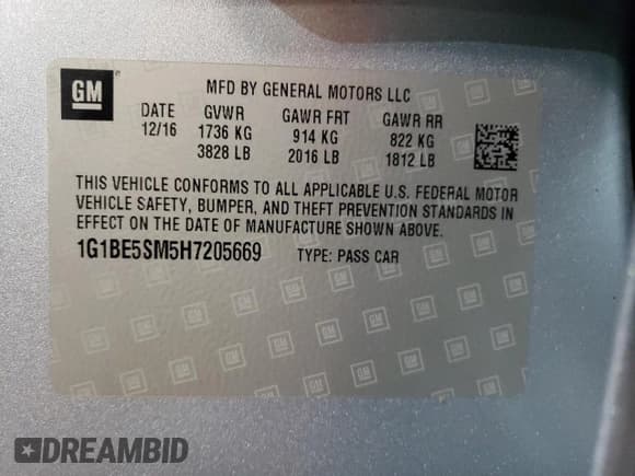 ✅ 2017 Chevrolet Cruze LT • VIN: 1G1BE5SM5H7205669 • Lot: 36700113. Listed on Copart with 7,809 mi. Free auction sales archive from the USA and detailed vehicle history report at DreamBid. Image 14.