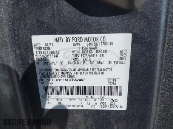 ✅ 2012 Ford F-150 XL • VIN: 1FTFX1ET5CFB52467 • Lot: 43129078. Listed on IAAI with 128,376 mi. Free auction sales archive from the USA and detailed vehicle history report at DreamBid. Image 9.