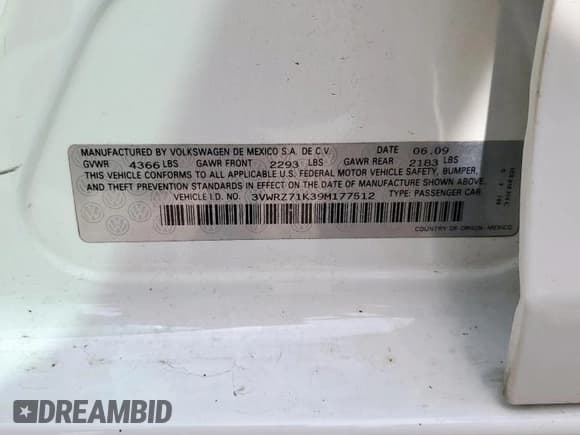 ✅ 2009 Volkswagen Jetta SE • VIN: 3VWRZ71K39M177512 • Lot: 67632825. Listed on Copart with 120,413 mi. Free auction sales archive from the USA and detailed vehicle history report at DreamBid. Image 12.