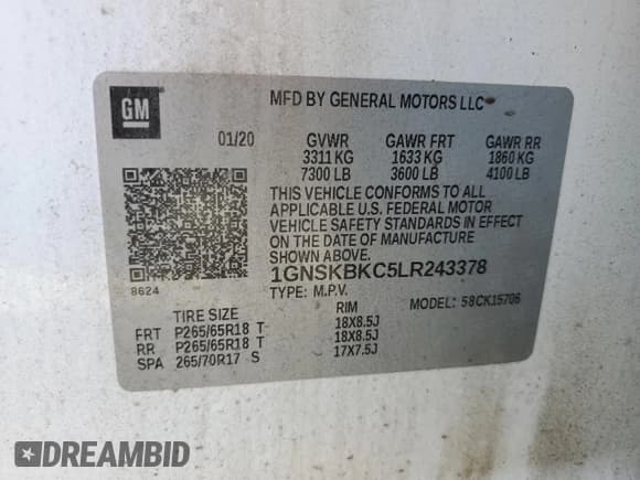 ✅ 2020 Chevrolet Tahoe LT • VIN: 1GNSKBKC5LR243378 • Lot: 52690775. Listed on Copart with 79,900 mi. Free auction sales archive from the USA and detailed vehicle history report at DreamBid. Image 13.