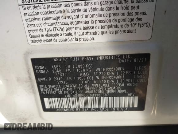 ✅ 2011 Subaru Outback Premium • VIN: 4S4BRCGC9B3386687 • Lot: 43674430. Listed on IAAI with 84,725 mi. Free auction sales archive from the USA and detailed vehicle history report at DreamBid. Image 9.