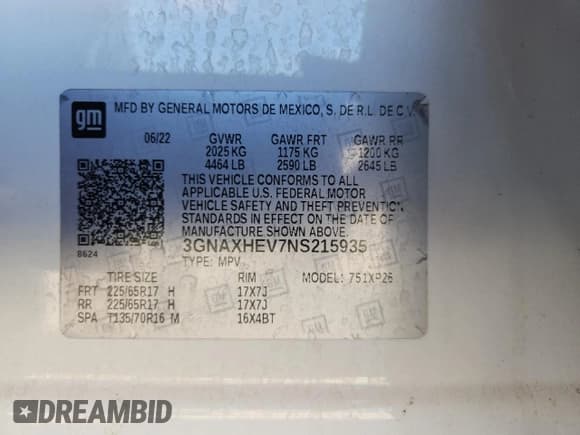 ✅ 2022 Chevrolet Equinox LS • VIN: 3GNAXHEV7NS215935 • Lot: 93033455. Wystawiony na Copart z przebiegiem 85 534 mil. Bezpłatny archiwum sprzedaży aukcyjnych z USA i szczegółowy raport historii pojazdu na DreamBid. Zdjęcie 14.