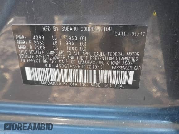 2017 Subaru Impreza Special Sports с VIN 4S3GTAK65H1731946, выставлен на аукционе IAAI как лот 43224982 с пробегом 98 671 миль миль и . История ставок и продаж доступна на DreamBid. Изображение 9.