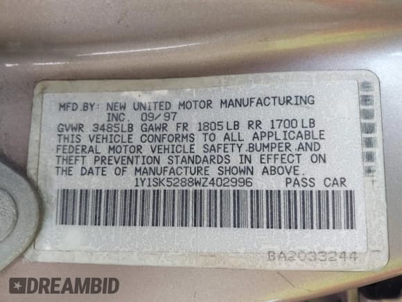 ✅ 1998 Chevrolet Prizm Lsi • VIN: 1Y1SK5288WZ402996 • Lot: 42991156. Listed on IAAI with 164,102 mi. Free auction sales archive from the USA and detailed vehicle history report at DreamBid. Image 9.