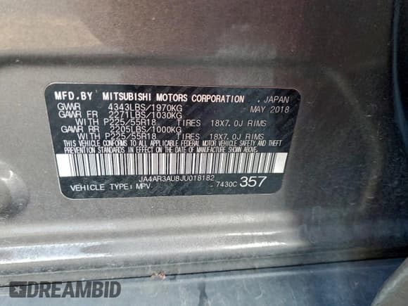 ✅ 2018 Mitsubishi Outlander ES • VIN: JA4AR3AU8JU018182 • Lot: 92754475. Listed on Copart with 98,472 mi. Free auction sales archive from the USA and detailed vehicle history report at DreamBid. Image 13.