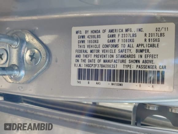 ✅ 2011 Honda Accord LX • VIN: 1HGCP2F37BA096357 • Lot: 43494699. Listed on IAAI with 204,908 mi. Free auction sales archive from the USA and detailed vehicle history report at DreamBid. Image 9.