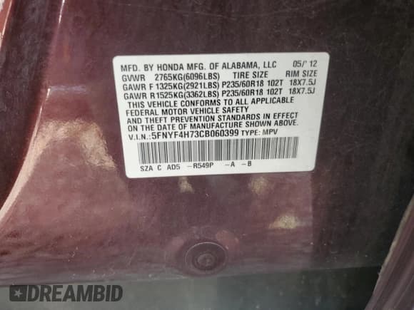 ✅ 2012 Honda Pilot EX-L • VIN: 5FNYF4H73CB060399 • Лот: 70928775. Опубликован ранее на Copart с пробегом 156 818 миль. Бесплатный доступ к архиву аукционных продаж из США и подробный отчёт об истории автомобиля на DreamBid. Изображение 13.