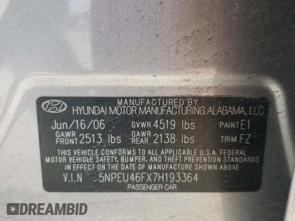 ✅ 2007 Hyundai Sonata SE • VIN: 5NPEU46FX7H193364 • Лот: 34822552. Опубликован ранее на Copart с пробегом 127 860 миль. Бесплатный доступ к архиву аукционных продаж из США и подробный отчёт об истории автомобиля на DreamBid. Изображение 10.