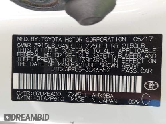 ✅ 2017 Toyota Prius Four • VIN: JTDKARFU5H3046552 • Lot: 43668329. Listed on IAAI with 120,098 mi. Free auction sales archive from the USA and detailed vehicle history report at DreamBid. Image 9.