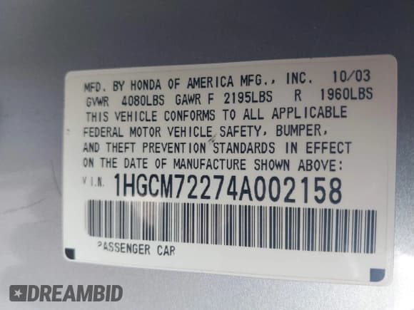 ✅ 2004 Honda Accord LX • VIN: 1HGCM72274A002158 • Лот: 43727222. Опубликован ранее на IAAI с пробегом 254 481 миль. Бесплатный доступ к архиву аукционных продаж из США и подробный отчёт об истории автомобиля на DreamBid. Изображение 9.