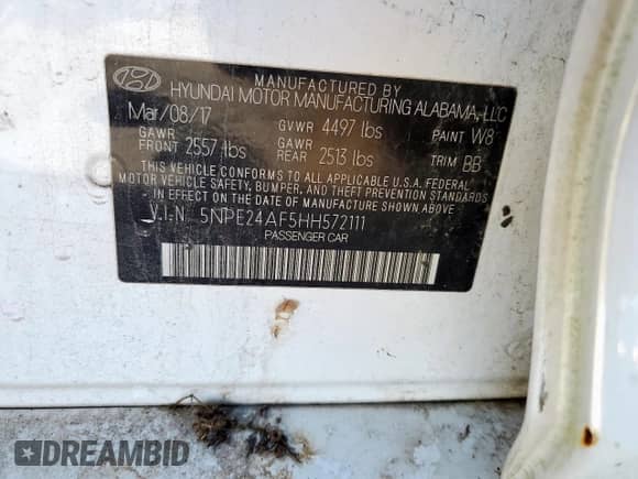 2017 Hyundai Sonata 2.4L with VIN 5NPE24AF5HH572111, listed as a Copart auction lot 91014955 with Not provided miles and Clean title. Bid and sale history available at DreamBid. Image 14.