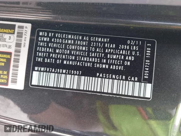 ✅ 2011 Volkswagen Golf GTI Autobahn • VIN: WVWFV7AJ9BW219907 • Lot: 43137871. Listed on IAAI with 95,560 mi. Free auction sales archive from the USA and detailed vehicle history report at DreamBid. Image 9.