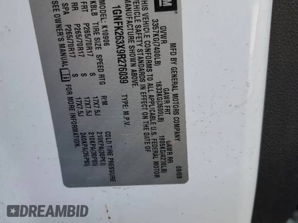 2009 Chevrolet Suburban 2LT с VIN 1GNFK263X9R276039, выставлен на аукционе Copart как лот 86519965 с пробегом 244 305 миль миль и Списание • Salvage title. История ставок и продаж доступна на DreamBid. Изображение 13.