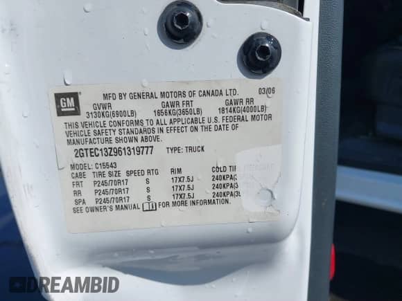 ✅ 2006 GMC Sierra 1500 SLE1 • VIN: 2GTEC13Z961319777 • Lot: 39659138. Listed on IAAI with 119,911 mi. Free auction sales archive from the USA and detailed vehicle history report at DreamBid. Image 9.