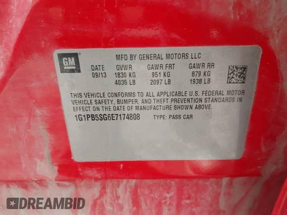 2014 Chevrolet Cruze LS with VIN 1G1PB5SG6E7174808, listed as a IAAI auction lot 43467399 with 181,521 mi miles and . Bid and sale history available at DreamBid. Image 9.