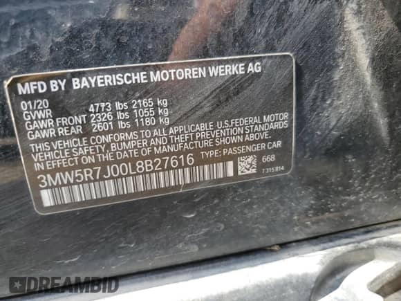 2020 BMW 3 Series 330i xDrive z VIN 3MW5R7J00L8B27616, wystawiony jako Copart lot #59763975 z przebiegiem Nie podano mil oraz Szkoda całkowita • Salvage title. Historia ofert i sprzedaży dostępna na DreamBid. Obrazek 12.