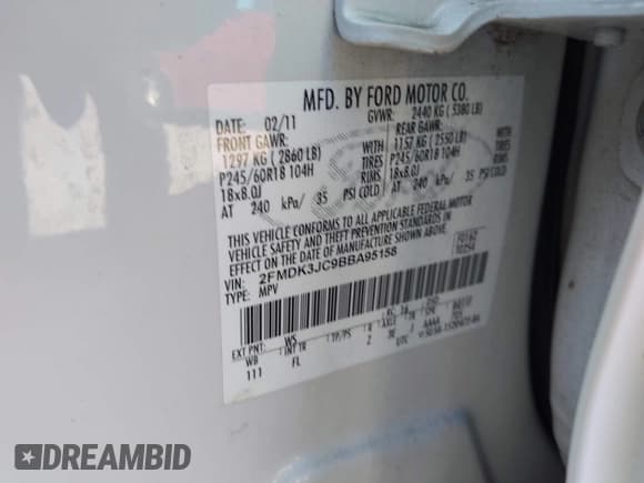 ✅ 2011 Ford Edge SEL • VIN: 2FMDK3JC9BBA95158 • Лот: 43472515. Опубликован ранее на IAAI с пробегом 134 795 миль. Бесплатный доступ к архиву аукционных продаж из США и подробный отчёт об истории автомобиля на DreamBid. Изображение 9.