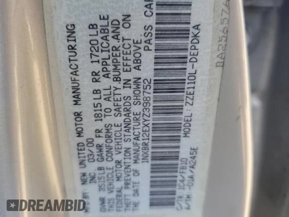 ✅ 2000 Toyota Corolla VE • VIN: 1NXBR12EXYZ398752 • Лот: 84564935. Опубликован ранее на Copart с пробегом 262 334 миль. Бесплатный доступ к архиву аукционных продаж из США и подробный отчёт об истории автомобиля на DreamBid. Изображение 12.