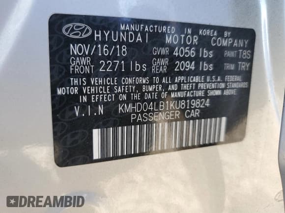 ✅ 2019 Hyundai Elantra Sport • VIN: KMHD04LB1KU819824 • Lot: 80226955. Listed on Copart with 87,970 mi. Free auction sales archive from the USA and detailed vehicle history report at DreamBid. Image 12.