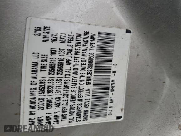 ✅ 2005 Honda Odyssey EX-L • VIN: 5FNRL38795B069506 • Lot: 95413305. Listed on Copart with 258,326 mi. Free auction sales archive from the USA and detailed vehicle history report at DreamBid. Image 12.