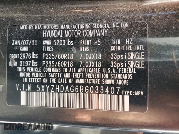 ✅ 2011 Hyundai Santa Fe Limited • VIN: 5XYZHDAG6BG033407 • Lot: 44275095. Listed on Copart with 162,090 mi. Free auction sales archive from the USA and detailed vehicle history report at DreamBid. Image 13.