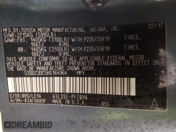 ✅ 2017 Toyota Sienna XLE • VIN: 5TDDZ3DC5HS164964 • Lot: 41516182. Listed on IAAI with 62,287 mi. Free auction sales archive from the USA and detailed vehicle history report at DreamBid. Image 9.