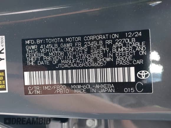 2024 Toyota Prius LE with VIN JTDACAAU6R3046057, listed as a IAAI auction lot 43316816 with 14,220 mi miles and . Bid and sale history available at DreamBid. Image 9.