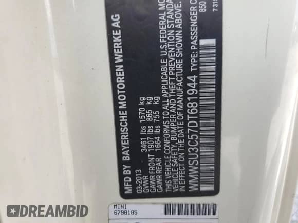 2013 MINI Hardtop с VIN WMWSU3C57DT681944, выставлен на аукционе Copart как лот 60126245 с пробегом 118 319 миль миль и Списание • Salvage title. История ставок и продаж доступна на DreamBid. Изображение 12.