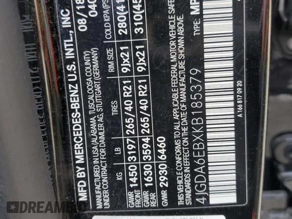 ✅ 2019 Mercedes-Benz GLE 43 AMG • VIN: 4JGDA6EBXKB185379 • Лот: 79466804. Опубликован ранее на Copart с пробегом 61 286 миль. Бесплатный доступ к архиву аукционных продаж из США и подробный отчёт об истории автомобиля на DreamBid. Изображение 15.