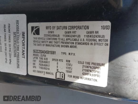 ✅ 2004 Saturn VUE V6 • VIN: 5GZCZ53424S815081 • Lot: 41703783. Wystawiony na IAAI z przebiegiem Nie podano. Bezpłatny archiwum sprzedaży aukcyjnych z USA i szczegółowy raport historii pojazdu na DreamBid. Zdjęcie 9.