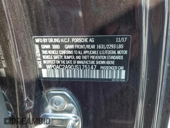 ✅ 2018 Porsche 911 GT3 • VIN: WP0AC2A90JS175147 • Lot: 66870305. Listed on Copart with 28,744 mi. Free auction sales archive from the USA and detailed vehicle history report at DreamBid. Image 13.