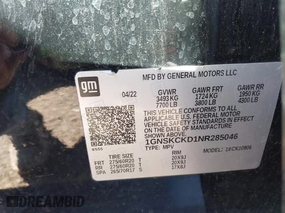 ✅ 2022 Chevrolet Suburban LT • VIN: 1GNSKCKD1NR285046 • Lot: 43532689. Listed on IAAI with 133,986 mi. Free auction sales archive from the USA and detailed vehicle history report at DreamBid. Image 9.