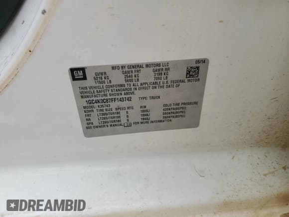 ✅ 2015 Chevrolet Silverado 3500HD LTZ • VIN: 1GC4K0C87FF143742 • Lot: 91031145. Listed on Copart with 361,821 mi. Free auction sales archive from the USA and detailed vehicle history report at DreamBid. Image 13.