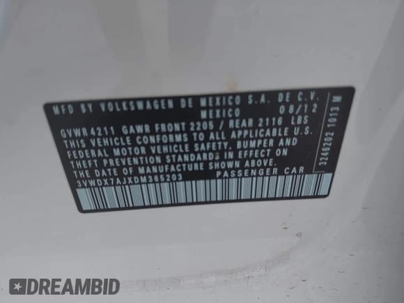 ✅ 2013 Volkswagen Jetta SE • VIN: 3VWDX7AJXDM365203 • Lot: 42551918. Listed on IAAI with 124,946 mi. Free auction sales archive from the USA and detailed vehicle history report at DreamBid. Image 9.